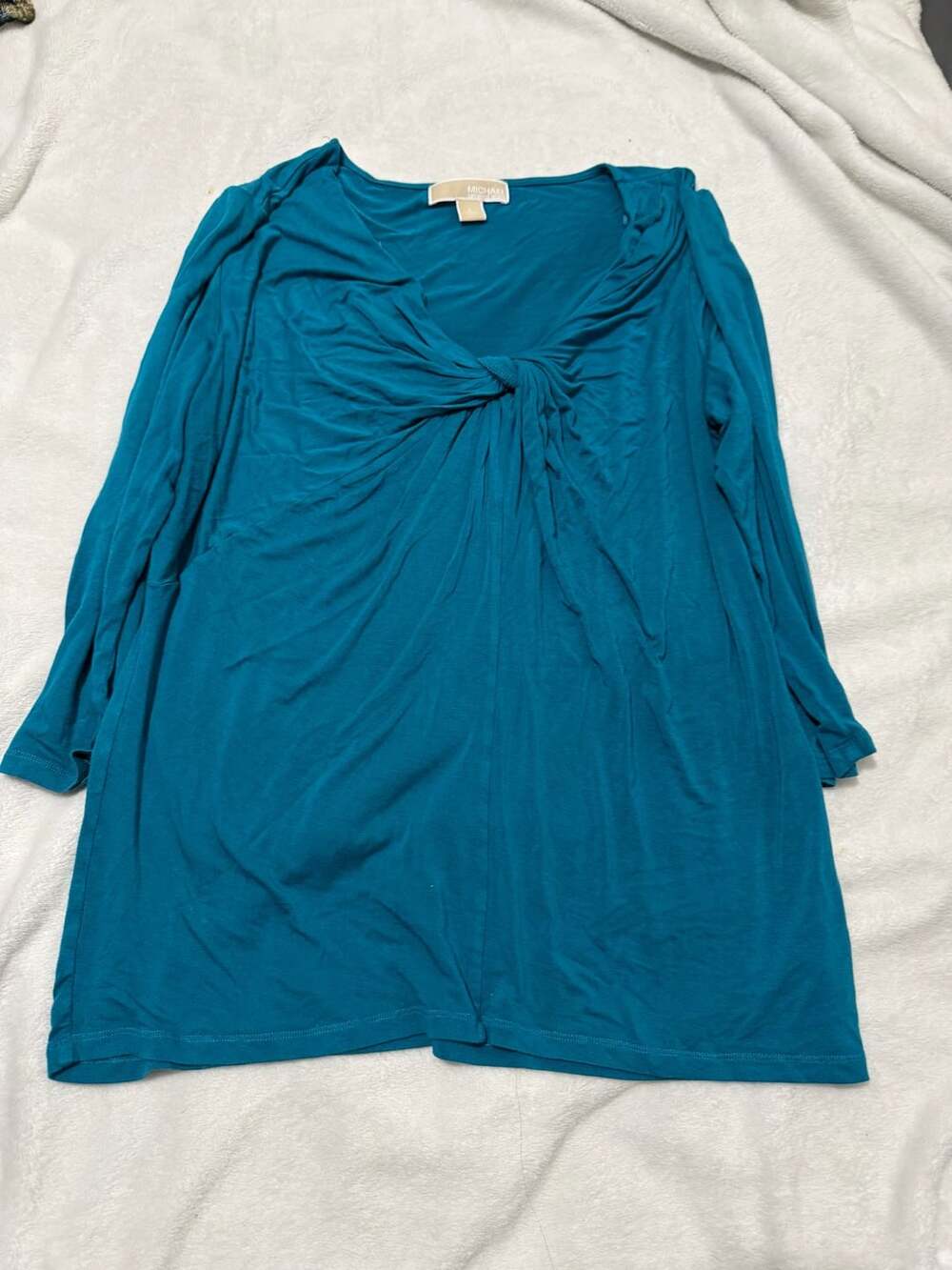 Michael Michael Kors Front Knot Top Size L Teal V-Neck 3/4 Sleeve